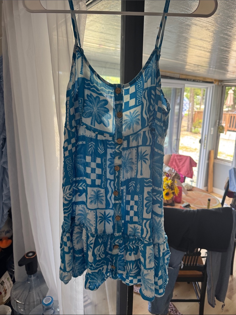 Ocean Drive Blue & White Palm-Print Button-Front Swim Coverup